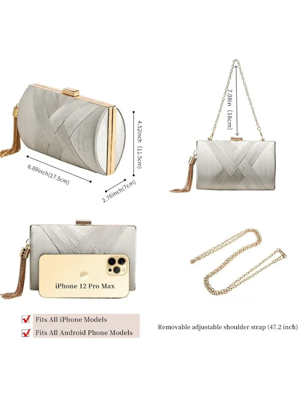 Women's Sliver Gold Tassel Clutch Purse Imported Crossbody Shoulder Bag